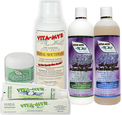 VITA-MYR Lavender All-in-One Care Set - Shampoo/Conditioner, Mouthwash, Zinc+ XTRA Toothpaste, Aloe Vera Cream